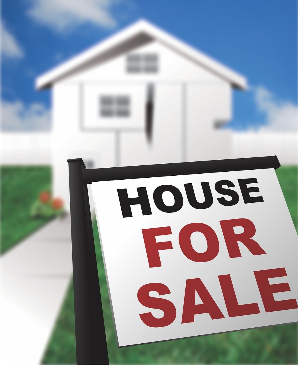 a house for sale sign in front of a house, a digital rendering, by Whitney Sherman, shutterstock, slightly blurry, looking across the shoulder, low angle shot, albuquerque