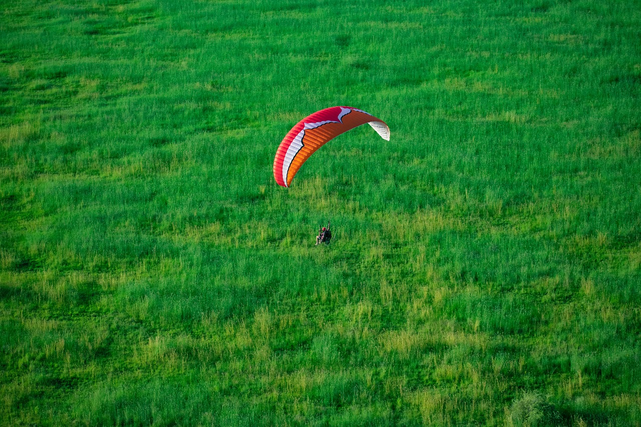 a person flying a kite on top of a lush green field, a stock photo, by Richard Carline, helicopter view, parachutes, shot on nikon z9, red green