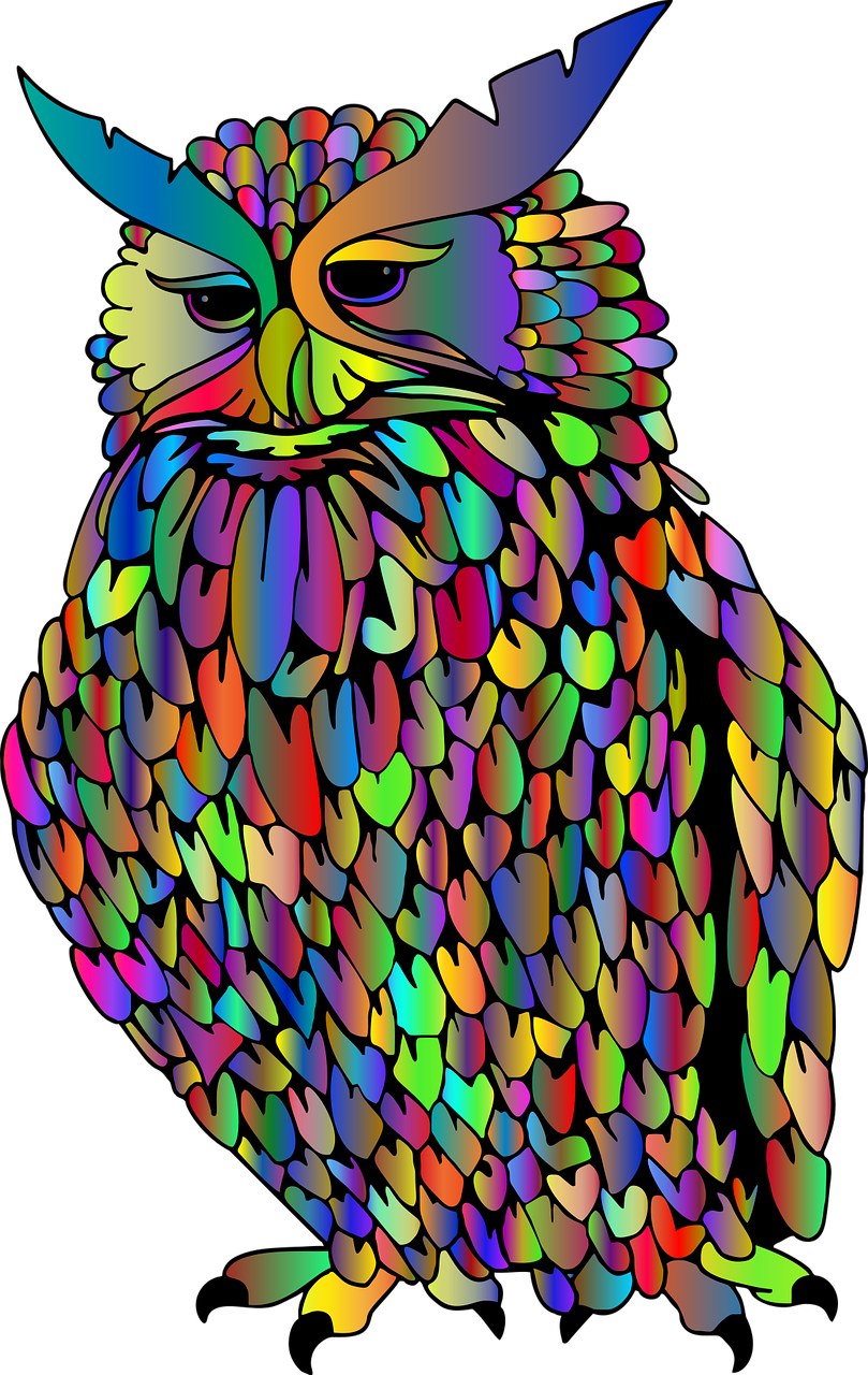 a colorful owl on a black background, vector art, psychedelic art, amoled, no gradients, maxim verehin stained glass, vibrant cartoon art