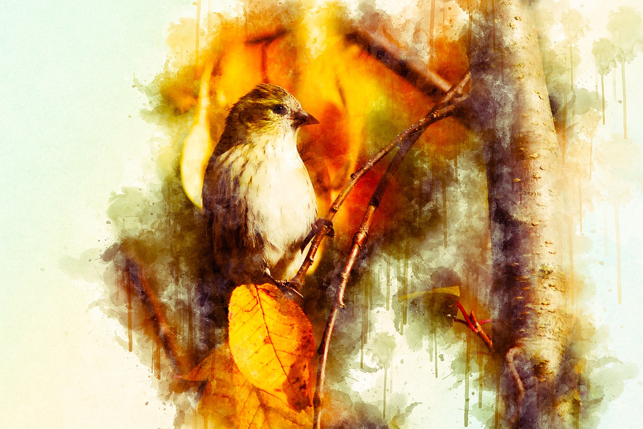 a painting of a bird perched on a tree branch, a digital painting, art photography, autumn leaves background, closeup photo, vintage saturation, aquarelle painting