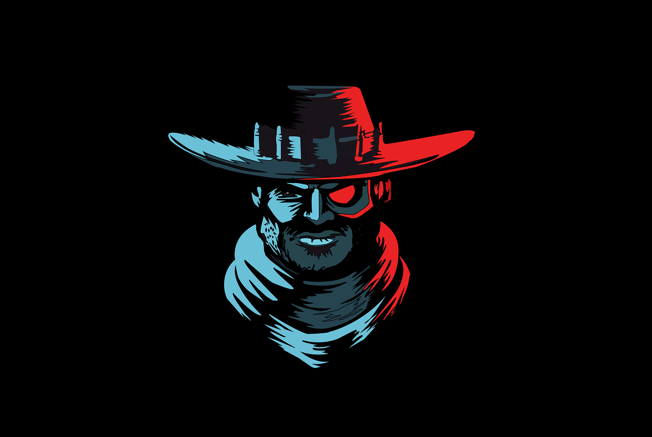 a man wearing a cowboy hat and sunglasses, vector art, inspired by Clint Cearley, red and blue black light, fps game concept art, portrait of a rugged ranger, he-man with a dark manner