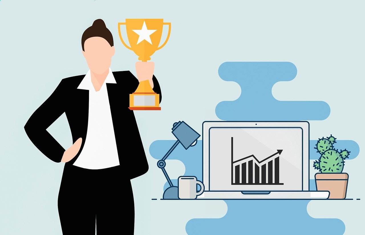 a woman holding a trophy in front of a computer, an illustration of, growth, business outfit, awards, stats