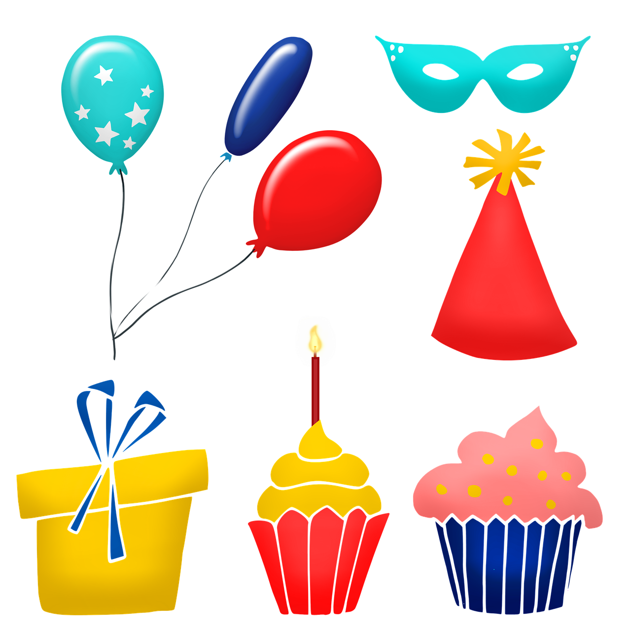 a bunch of cupcakes and balloons on a black background, a digital rendering, clipart icon, masks, having a cool party, future!!