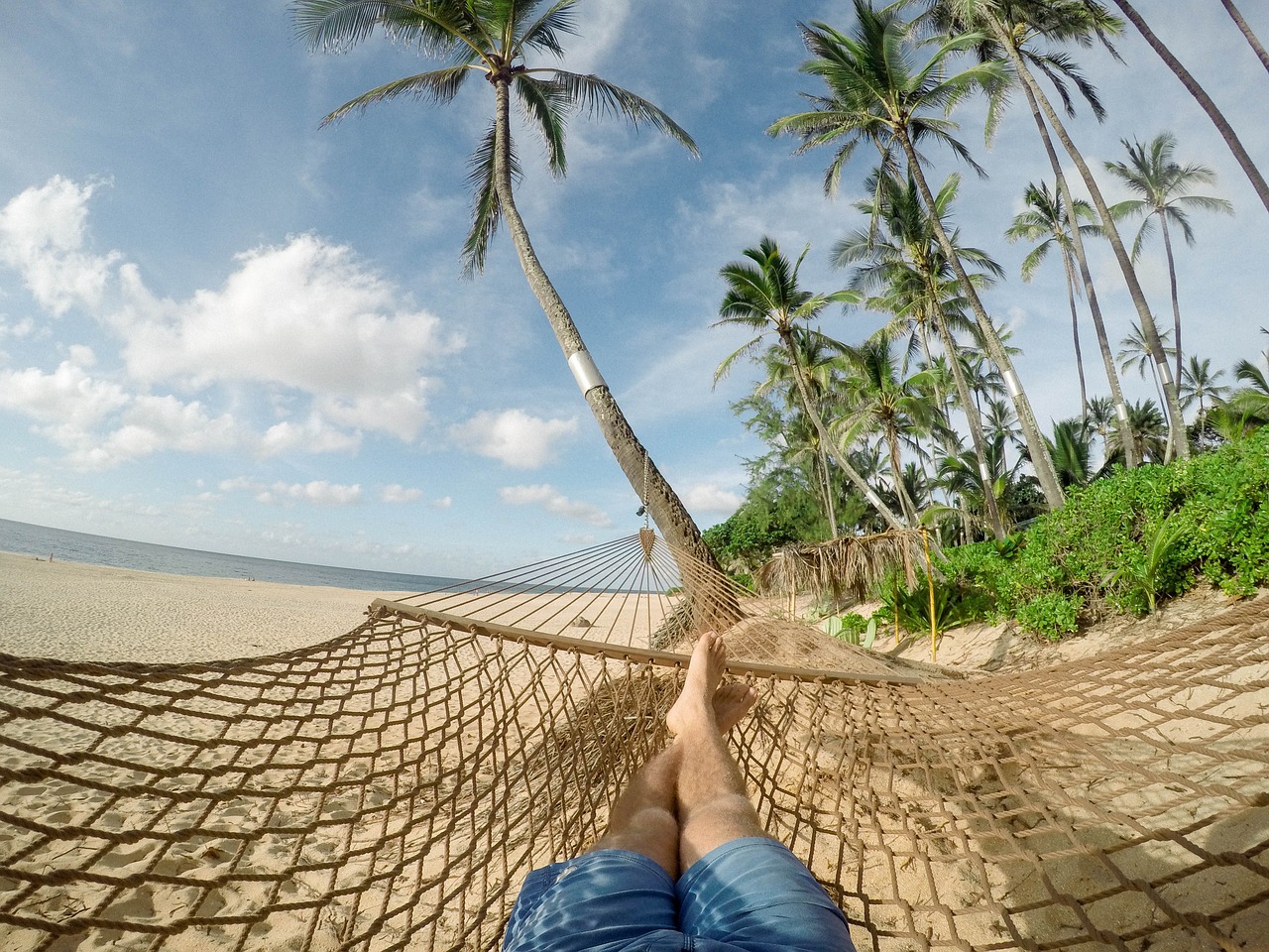 a person laying in a hammock on a beach, by Matt Stewart, net art, low - angle go - pro view, coconut trees, adam narozanski, peaceful day