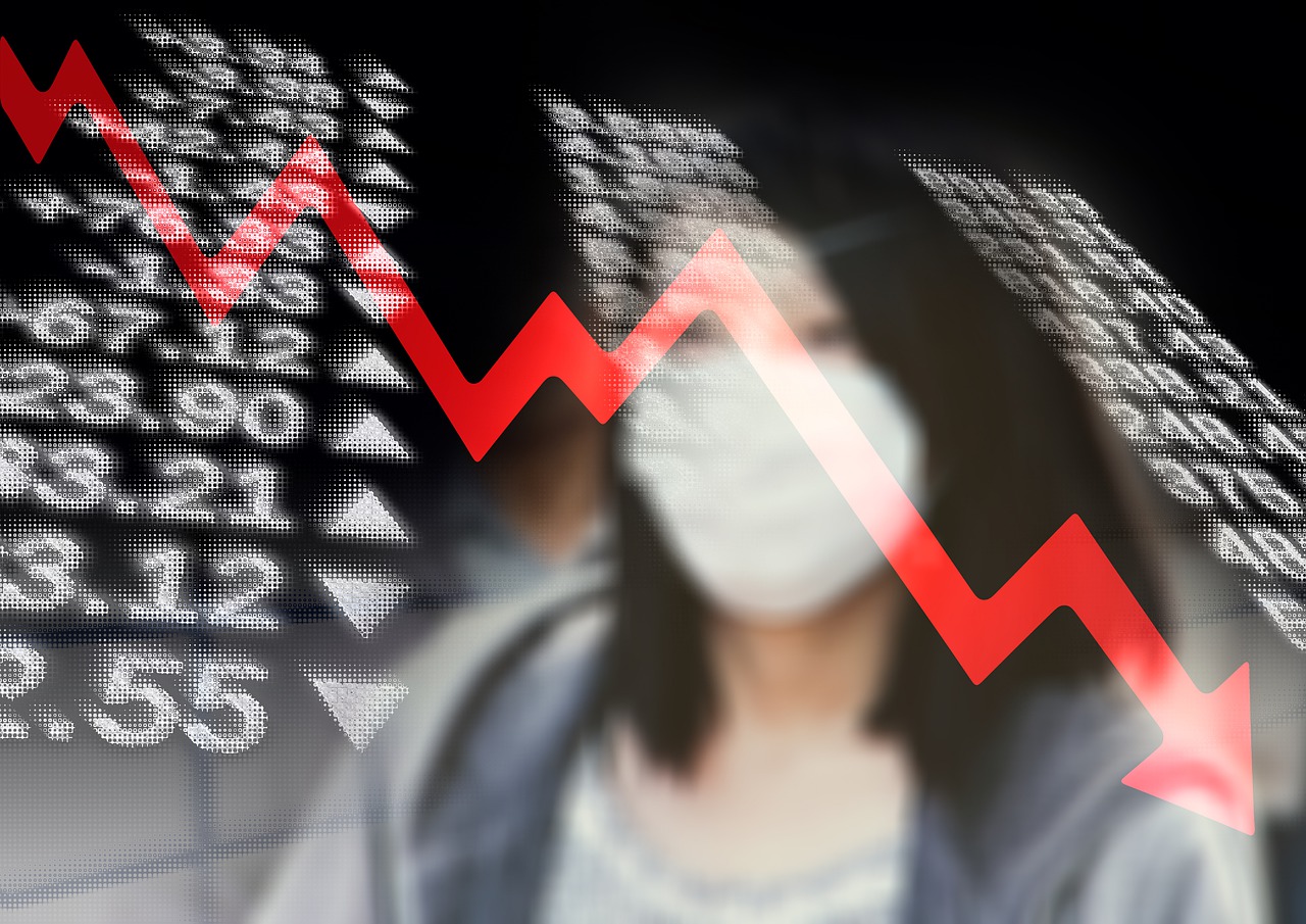a woman wearing a face mask in front of a stock chart, a picture, mingei, exploitable image, sorrow, high res photo, turnaround