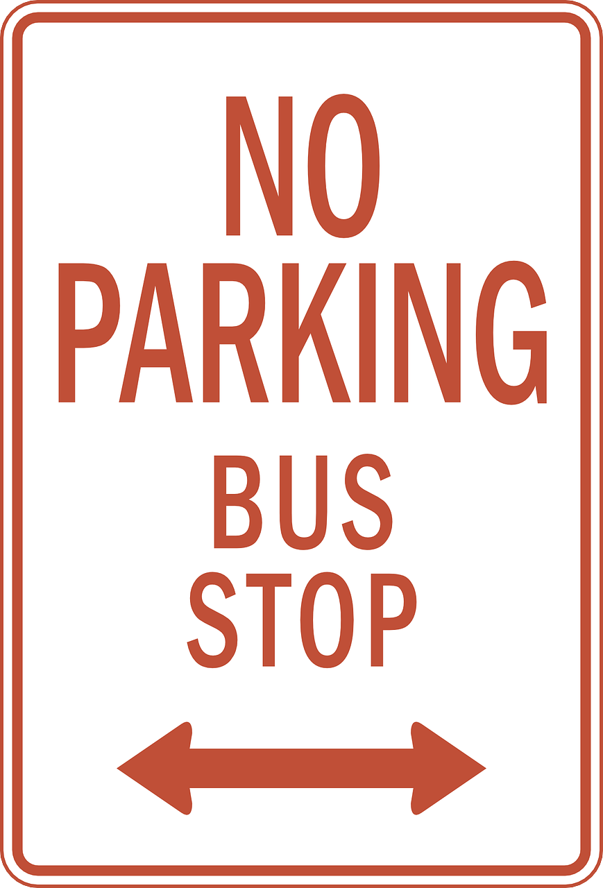 a no parking bus stop sign with an arrow pointing to the right, a poster, by Linda Sutton, shutterstock, graffiti, ( ( ( buses, no shading, 4k -4, (rust)