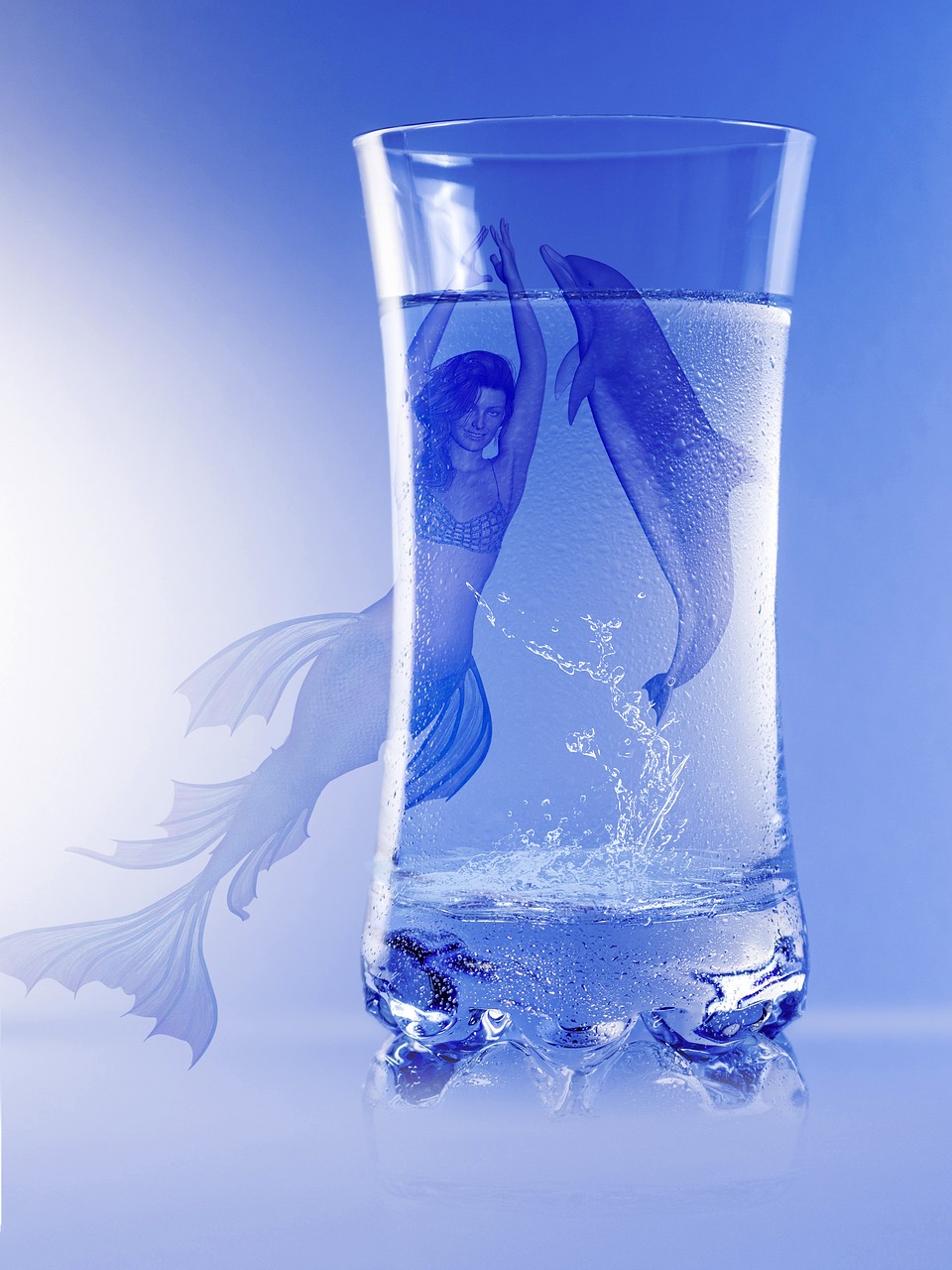 a glass of water with a picture of a mermaid and a dolphin in it, a raytraced image, by Marie Bashkirtseff, pixabay, photorealism, clemens ascher, koi fish, full body close-up shot, pisces