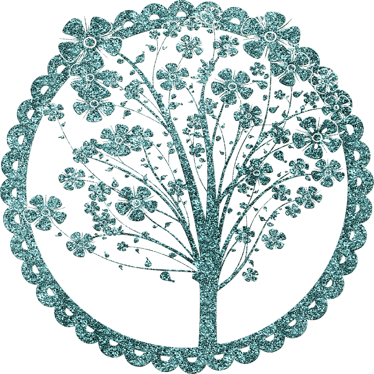 a picture of a tree in the middle of a circle, a stipple, deviantart, art nouveau, glistening seafoam, 1 8 th century spring ornaments, with a black background, dressed in a medieval lacy