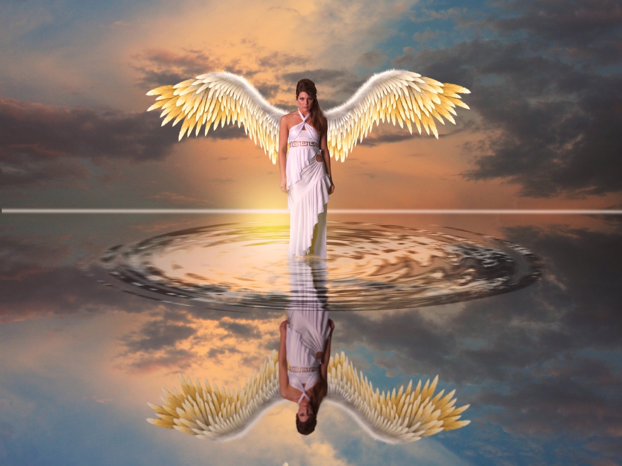 a woman that is standing in the water with wings, by Marie Angel, pixabay contest winner, realistic reflection, heavenly glow, full length photo, on a reflective gold plate