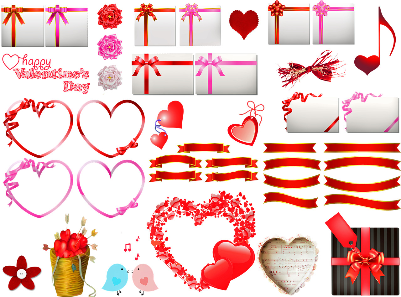 a bunch of valentine's day items on a black background, vector art, by Valentine Hugo, tumblr, romanticism, red ribbon, psd spritesheet, 3 0 0, group photo