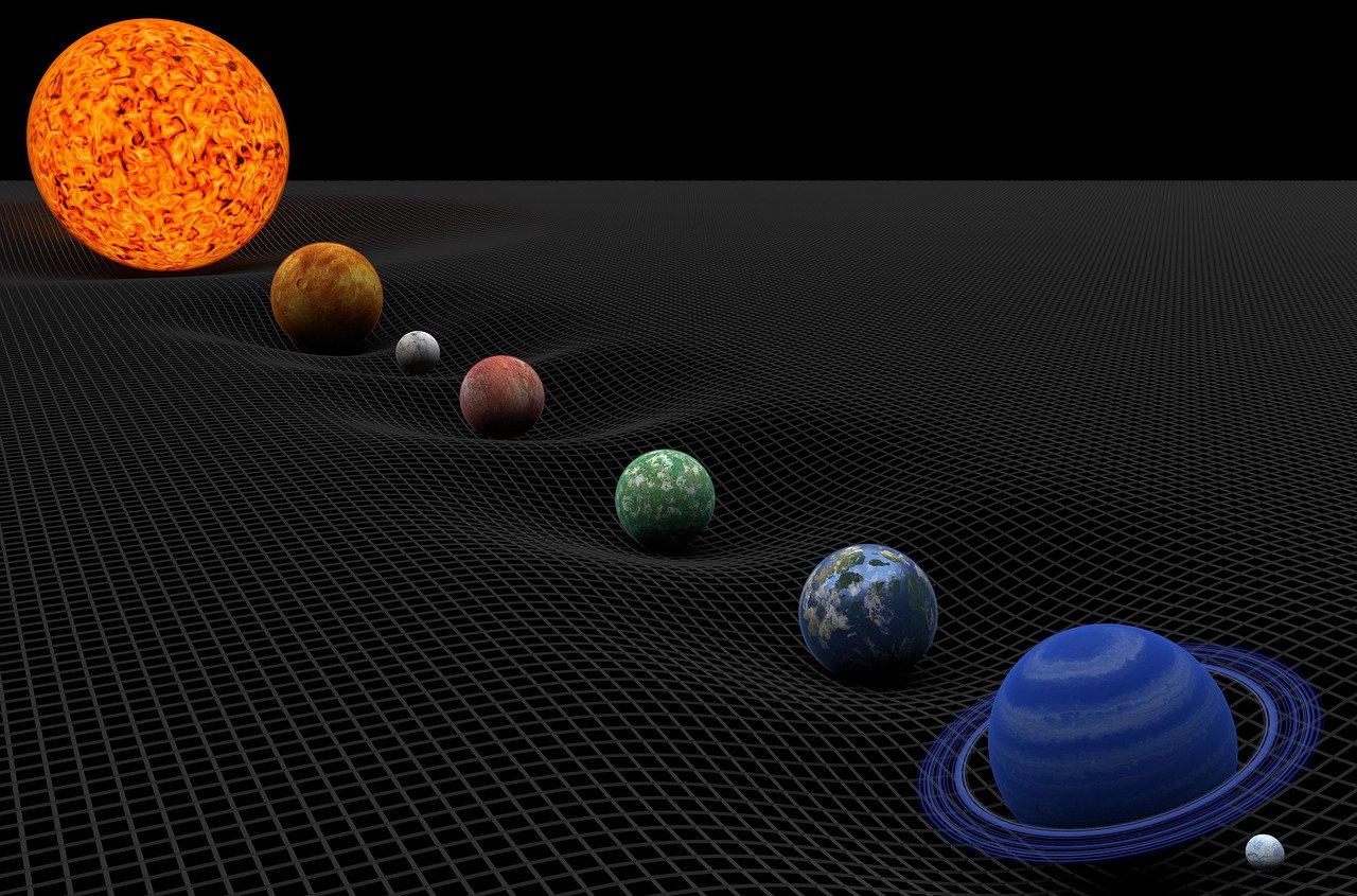 an artist's rendering of a solar system, by Jon Coffelt, tumblr, conceptual art, curvilinear perspective, hard surfaces modelling, rippling fabric of reality, many floating spheres