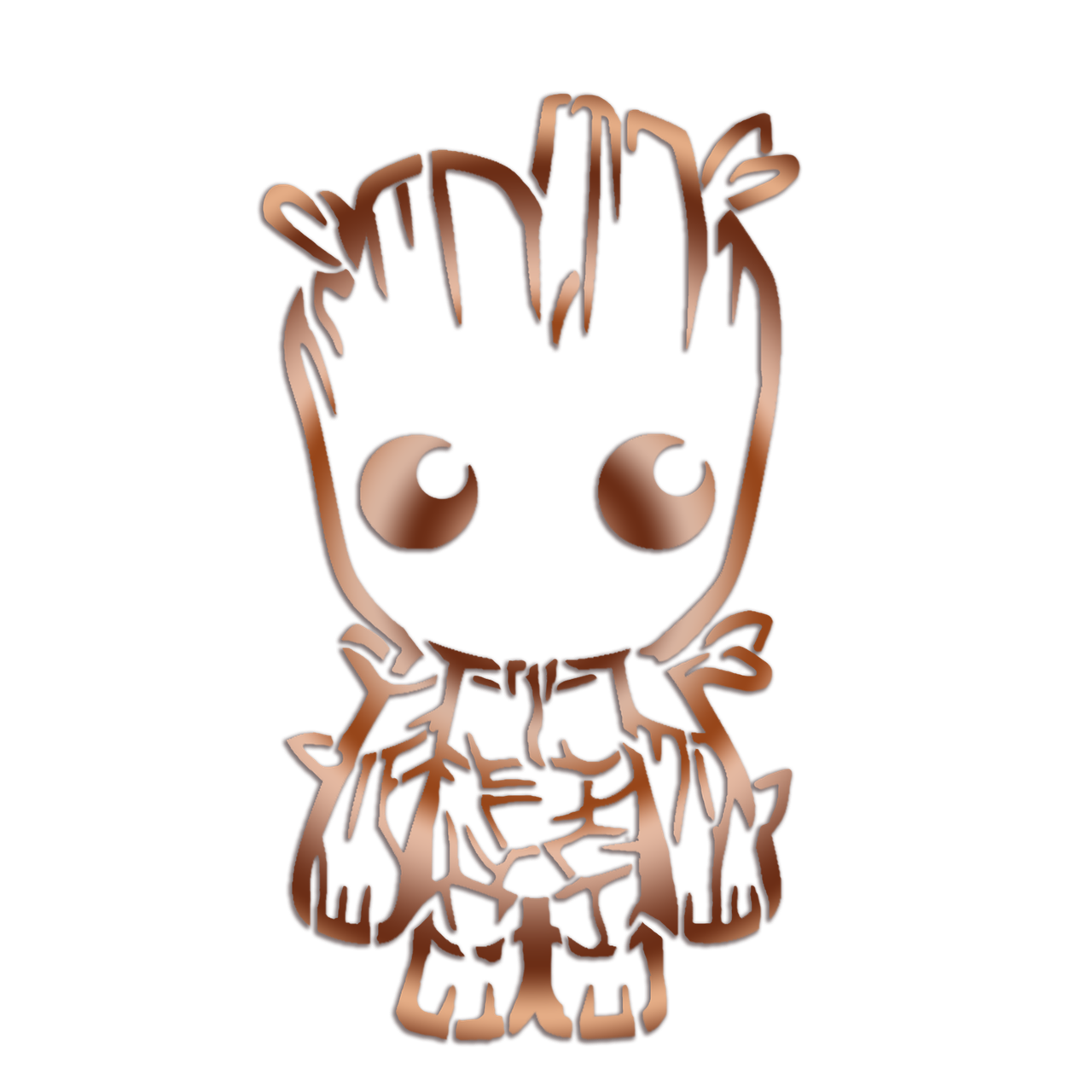 a close up of a baby grooter on a black background, a digital rendering, reddit, graffiti, i am groot, chibi style, made of polished broze, in a halloween style