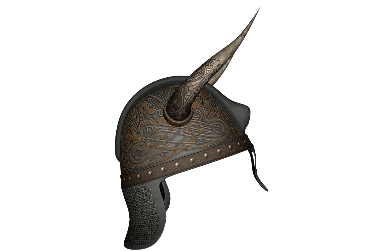 a close up of a helmet on a black background, concept art, hurufiyya, single horn, engraved highly detailed, realistic 3d model, celtic