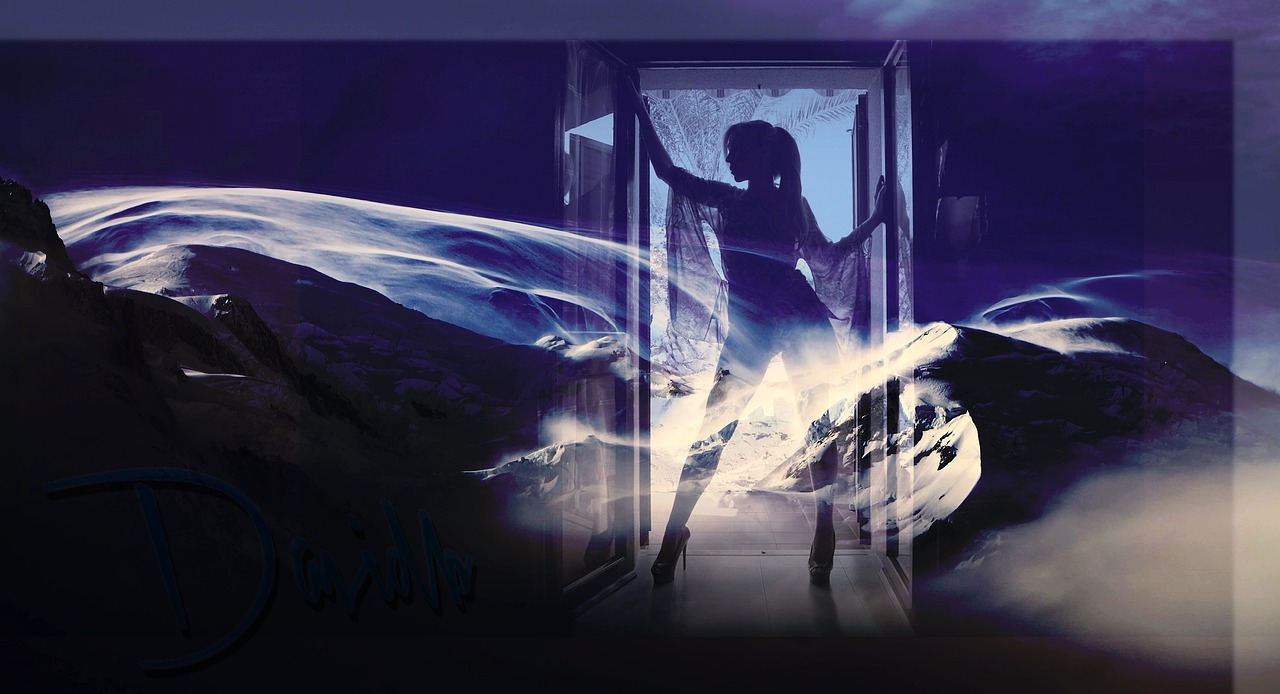 a man that is standing in front of a window, digital art, by Zoran Mušič, pixabay contest winner, digital art, taylor swift made of purple ice, opening door, girl in space, ice cold blue theme