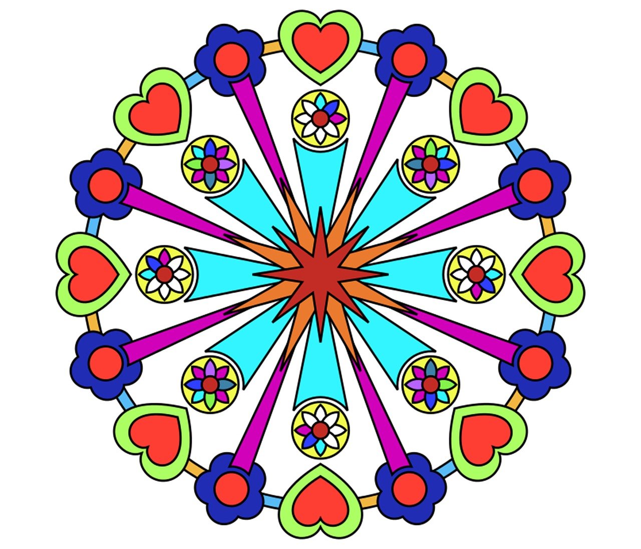 a drawing of hearts arranged in a circle, a digital rendering, inspired by Kagaku Murakami, psychedelic art, no gradients, color page, wheel, happy!!!