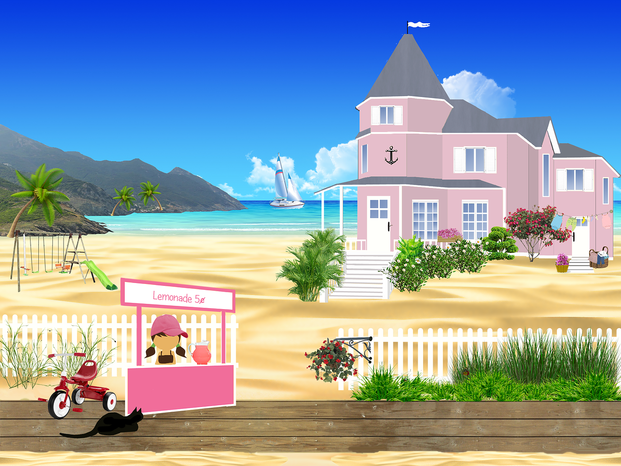 a pink house sitting on top of a sandy beach, a digital rendering, naive art, cozy cafe background, rich estate, loli, high resolution!!