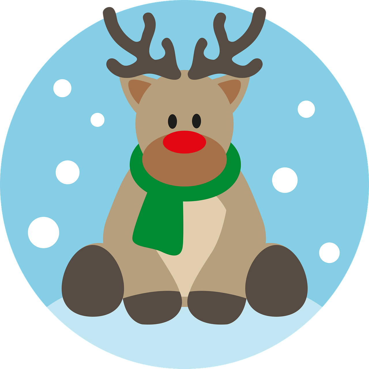 a reindeer sitting in the snow wearing a green scarf, a cartoon, figuration libre, round circle face, child, full colored, two