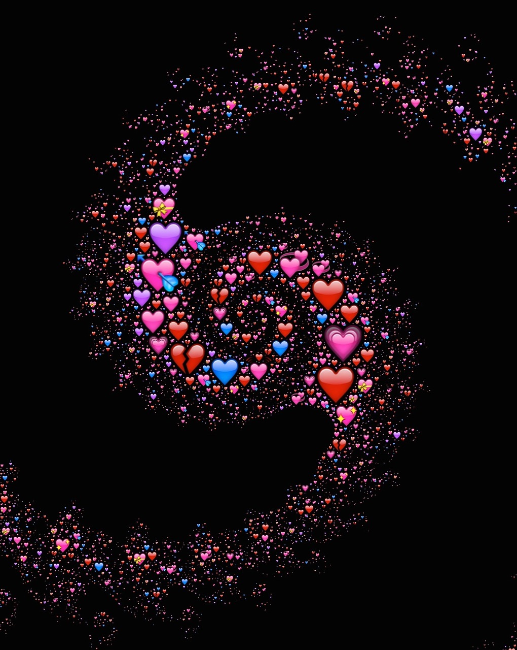 a spiral of hearts on a black background, flickr, generative art, glitter background, cute colorful adorable, made with photoshop, magic eye