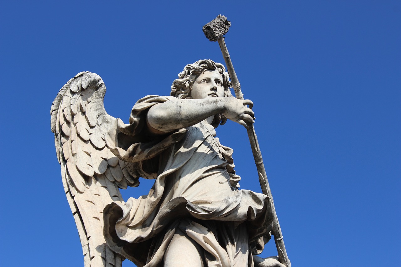 a statue of an angel holding a staff, baroque, tourist photo, low angle photo, rome, archangel michael