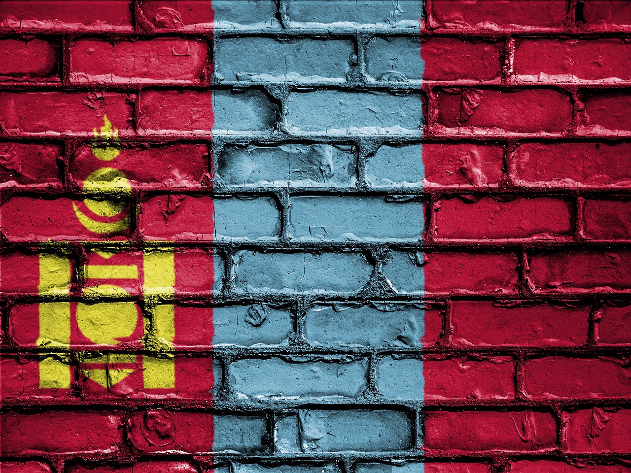 a brick wall with a flag painted on it, a digital rendering, by Stefan Gierowski, shutterstock, mongolia, red and teal color scheme, samoan features, belgium