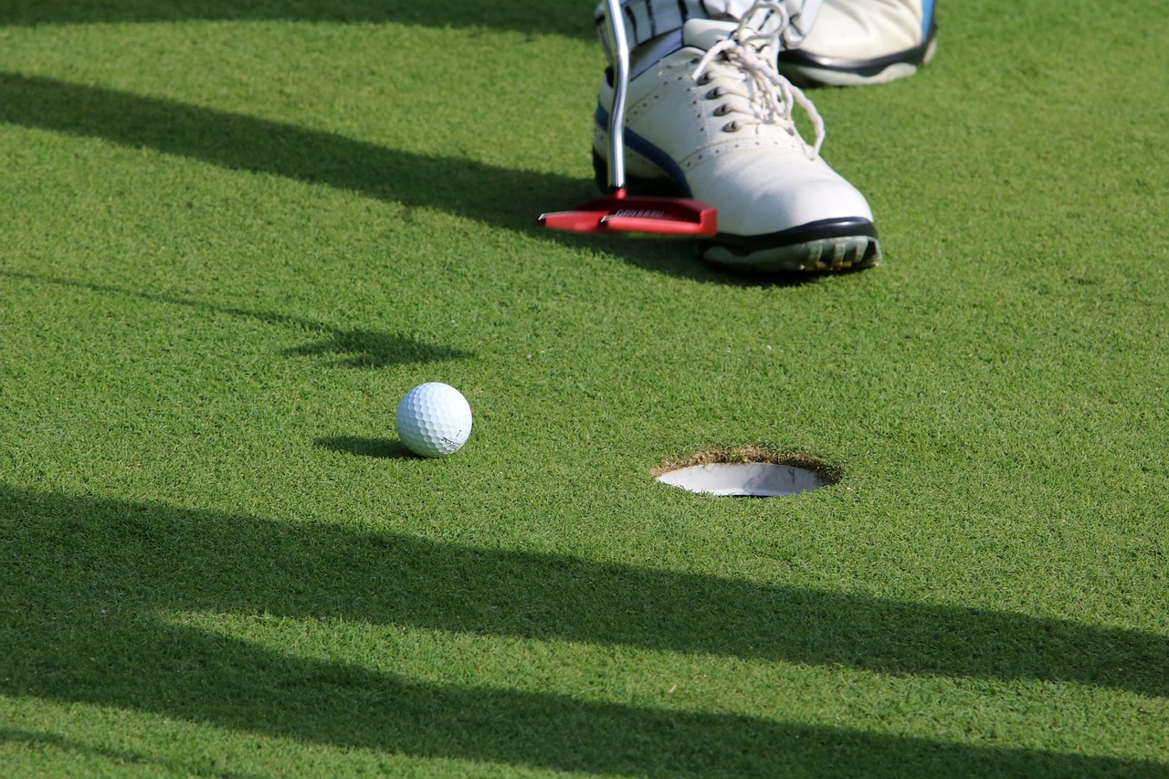 a person standing on top of a green field next to a golf ball, a photo, off - putting, hoog detail, tournament, detailed zoom photo