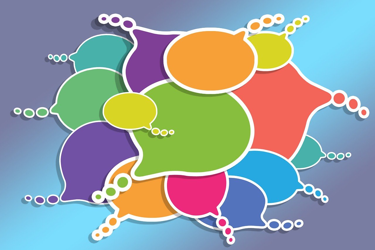 a group of colorful speech bubbles on a blue background, vector art, connections, background image, very stylized, set photo