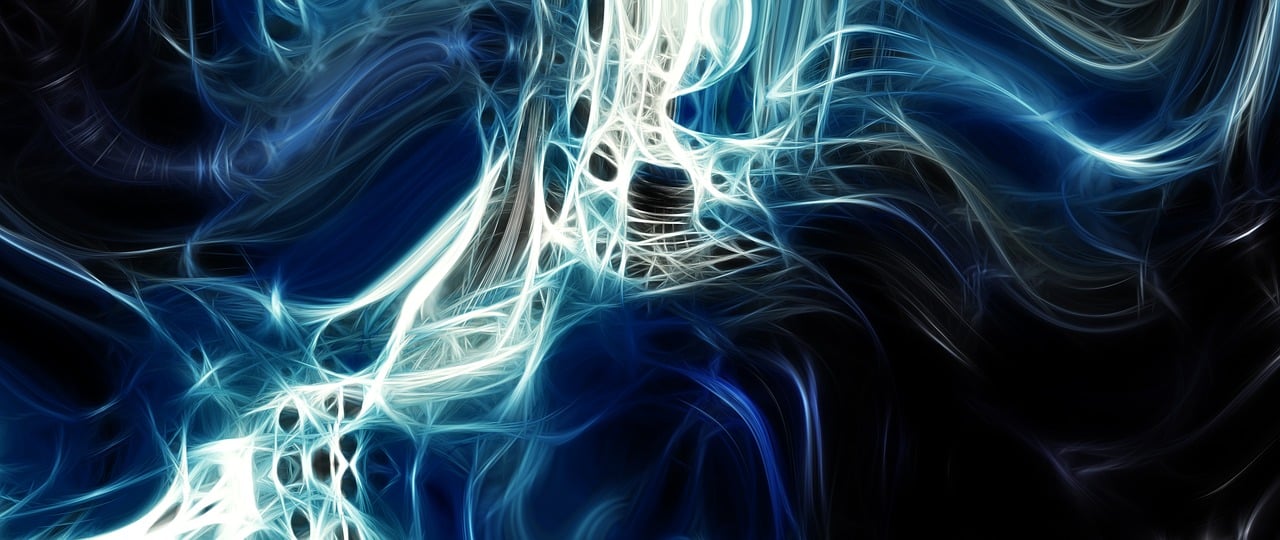 a blue and white abstract painting on a black background, digital art, by Eugeniusz Zak, tumblr, fractal fiberglass tendrils, long wispy tentacles, silver and cool colors, wallpaper”