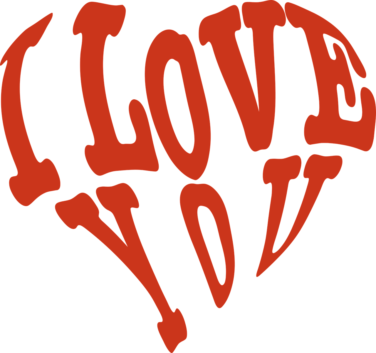 a red heart with the word love on it, inspired by Wes Wilson, !!! very coherent!!! vector art, black metal band font, orange, i love you