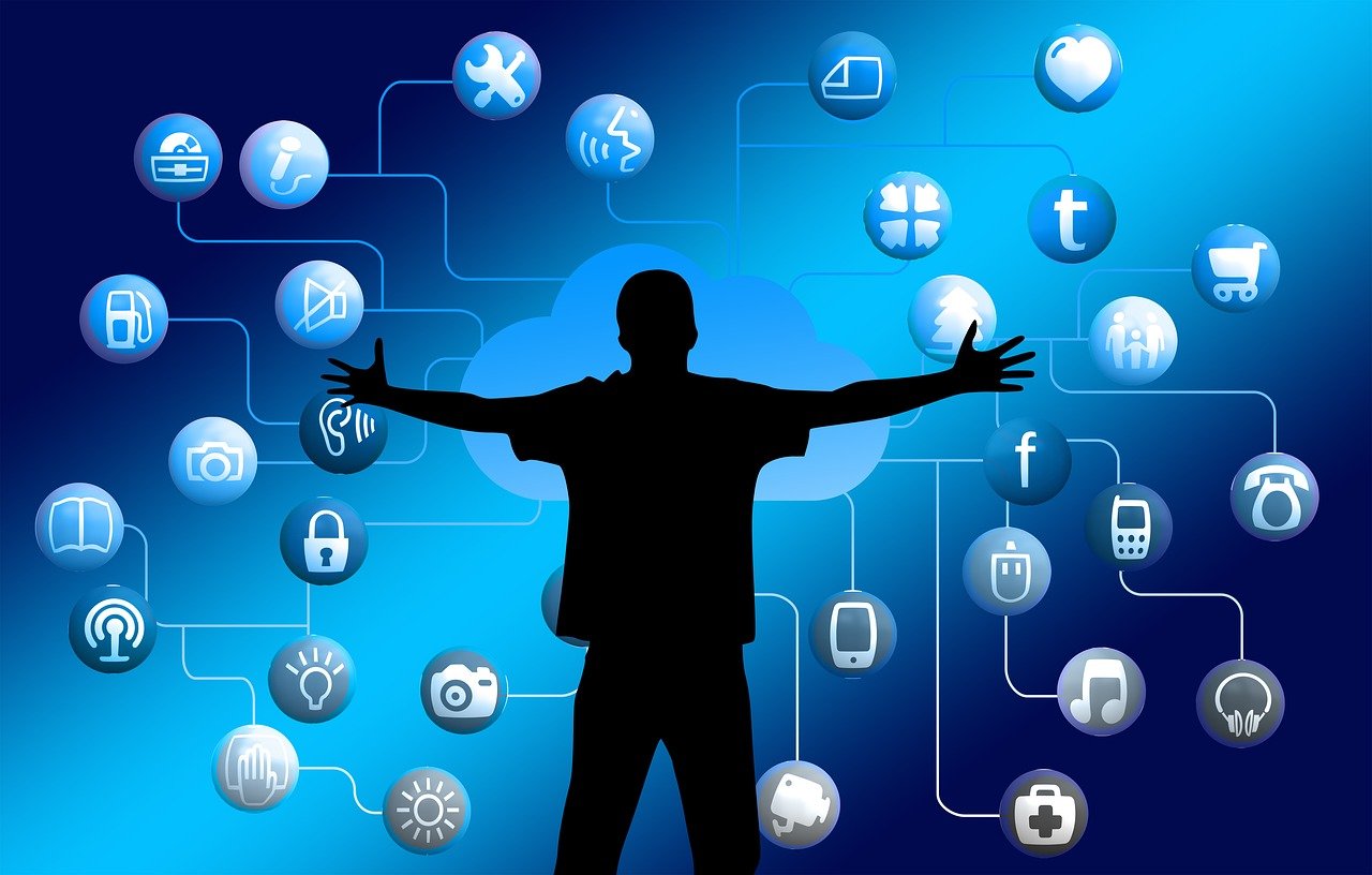 a man standing in front of a bunch of social icons, digital art, pixabay, digital art, technological screens, silhouette!!!, product introduction photo, istockphoto