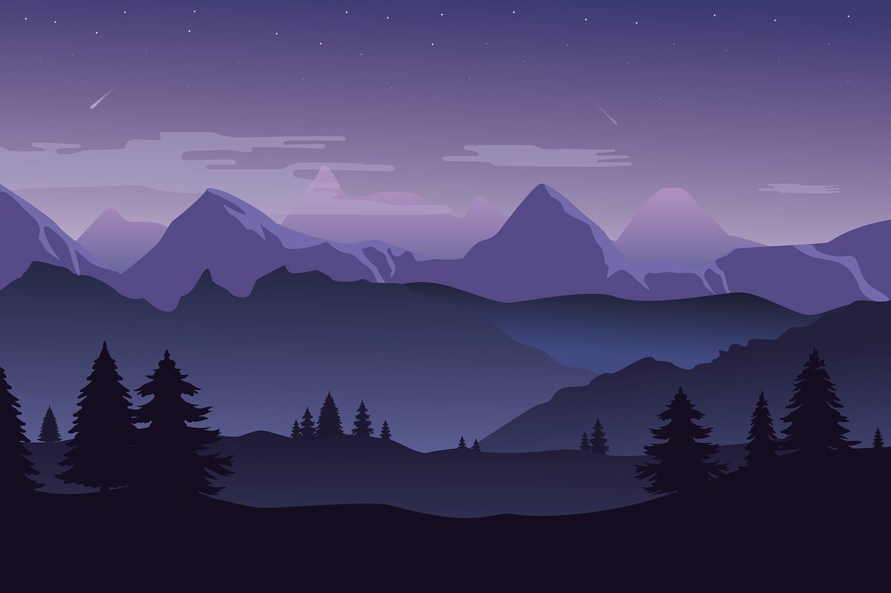 a view of a mountain range at night, vector art, art deco, blue hour, game poster, alp, forest on the horizont