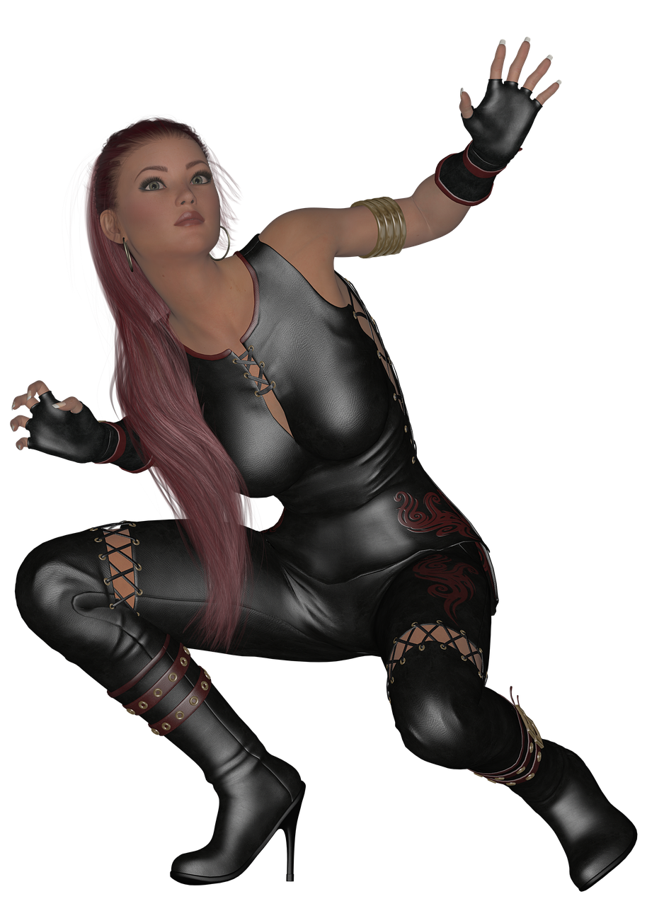 a 3d rendering of a woman in a leather outfit, inspired by INO, digital art, mma southpaw stance, cattie - brie of mithril hall, karate outfit, crouching