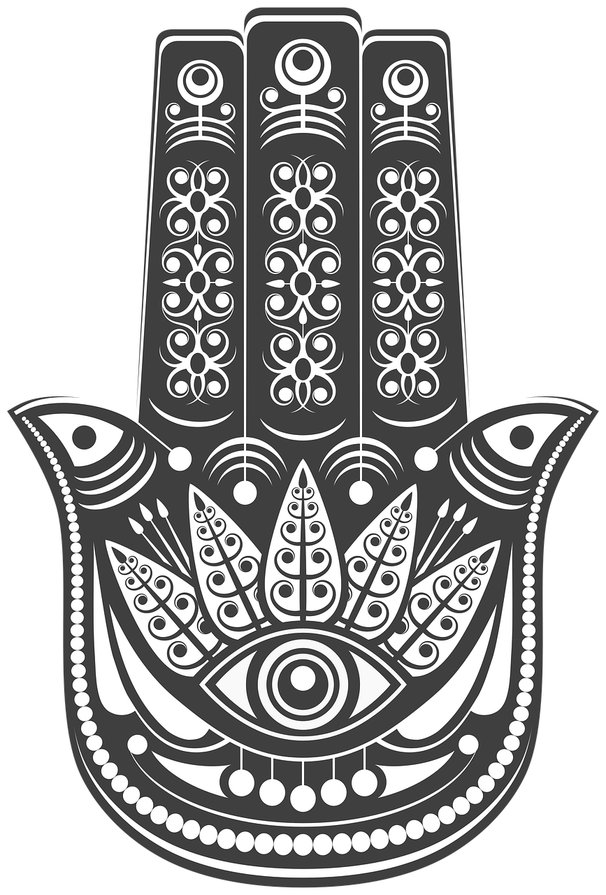 a black and white drawing of a hamsa hand, vector art, inspired by Sesshū Tōyō, pixabay, phone wallpaper, neon madhubani, palm skin, black and white logo