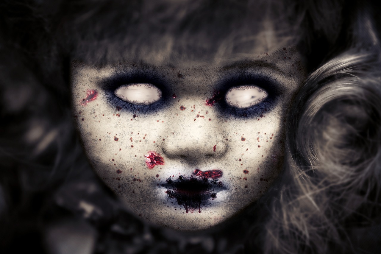 a close up of a doll with blood on it's face, gothic art, horrific digital art, kid, zombies, & a dark