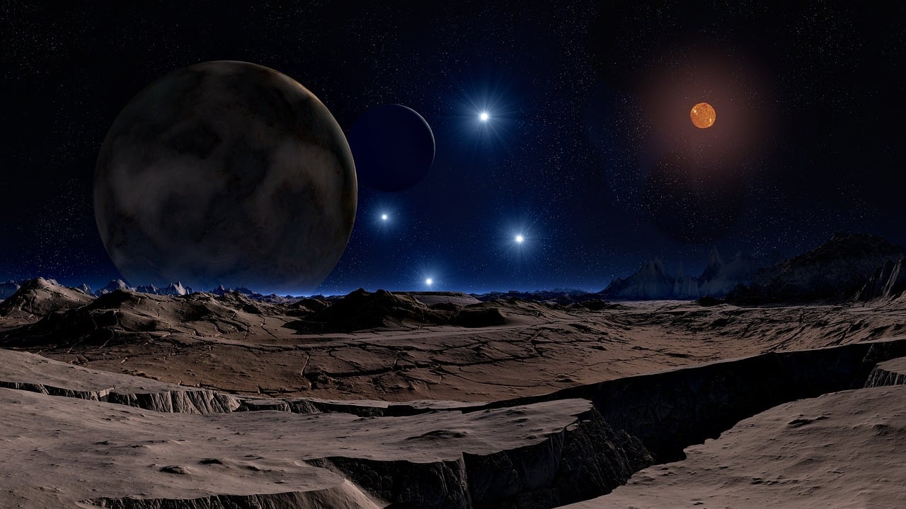 a couple of planets that are in the sky, by Alexander Kucharsky, multiple stars visible, on alien planet, five planets, distant glowing figures