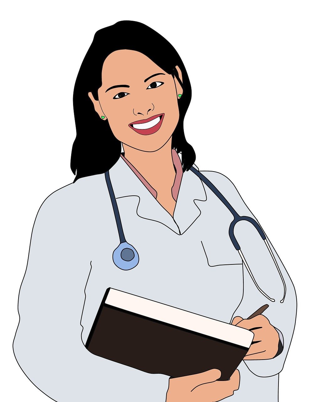 a woman with a stethoscope holding a book, an illustration of, academic art, high quality colored sketch, welcoming smile, female with long black hair, wikihow illustration