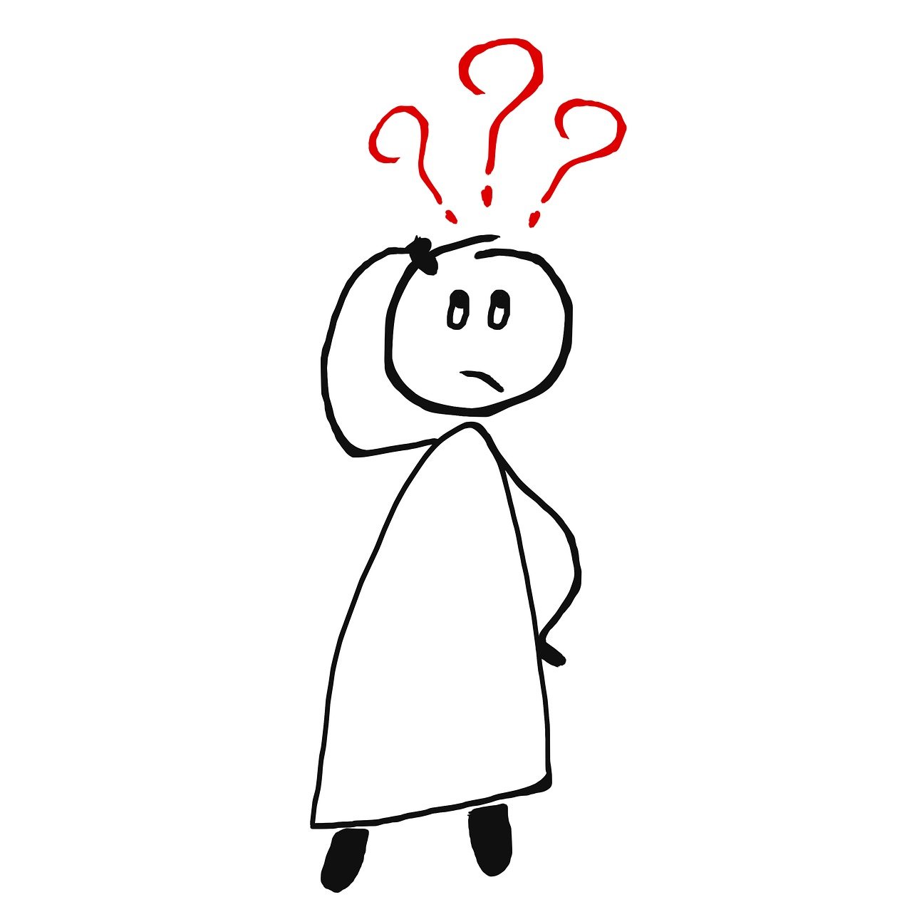 a drawing of a person with a question mark on their head, a cartoon, by Pamela Drew, trending on pixabay, precisionism, wearing long white robe, he is in shock, tower of god, on white background