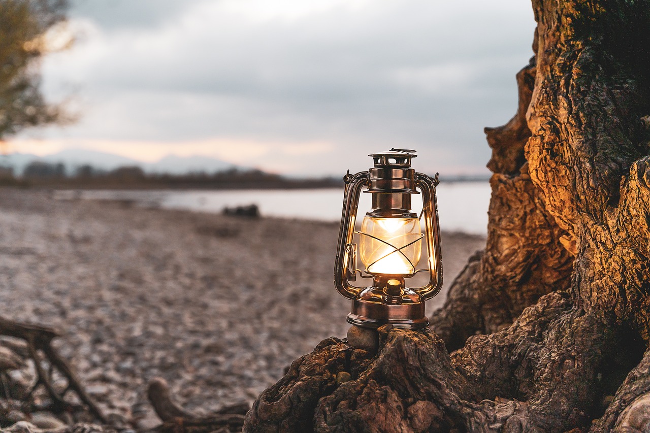 a lantern sitting on top of a tree stump, pexels, realism, boat with lamp, carbide lamp, beach setting, handsome