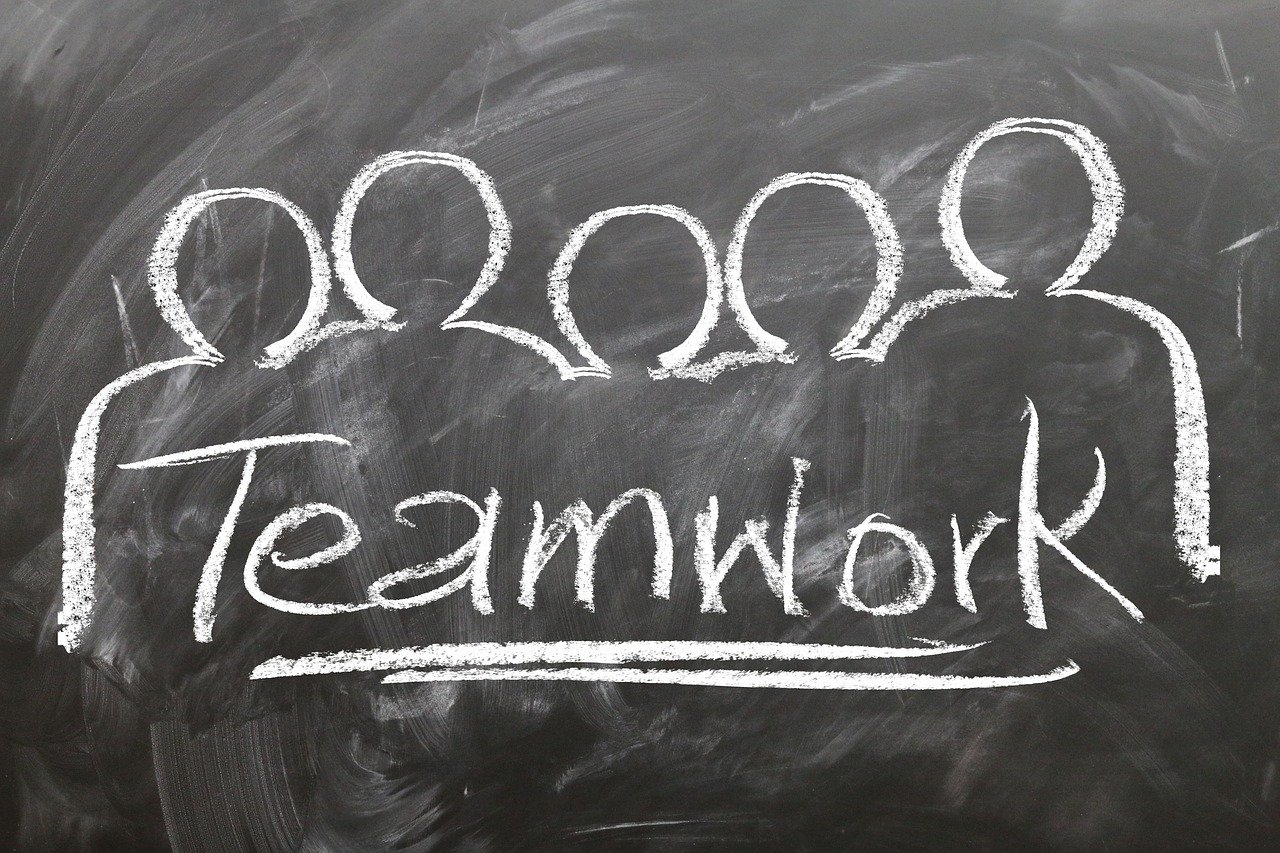 a blackboard with the words teamwork written on it, a picture, by Emma Andijewska, pixabay, workers, listing image, 1x, fantasy medium shot