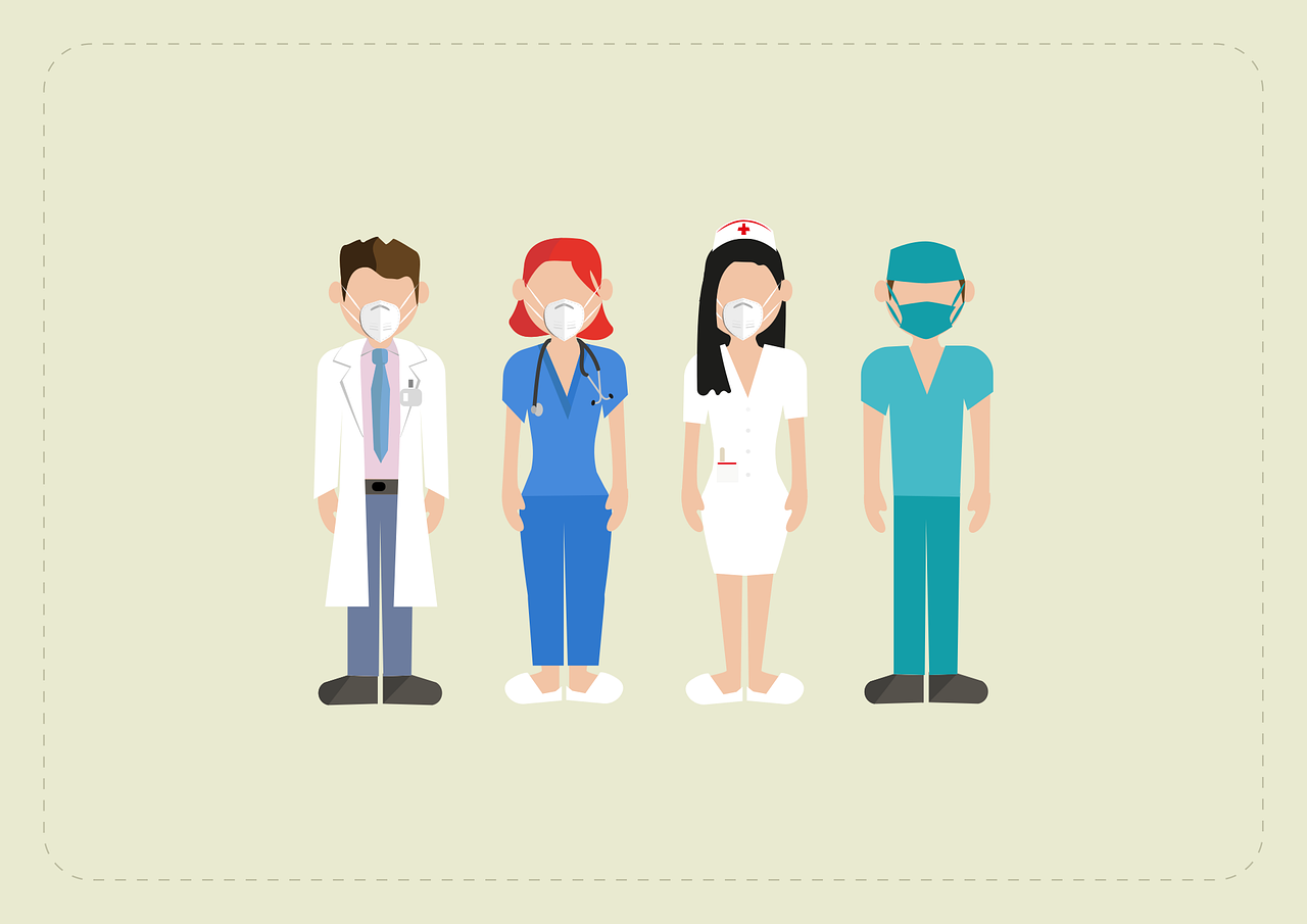 a group of doctors standing next to each other, an illustration of, figuration libre, nurse costume, clean graphic design, flat design, masks