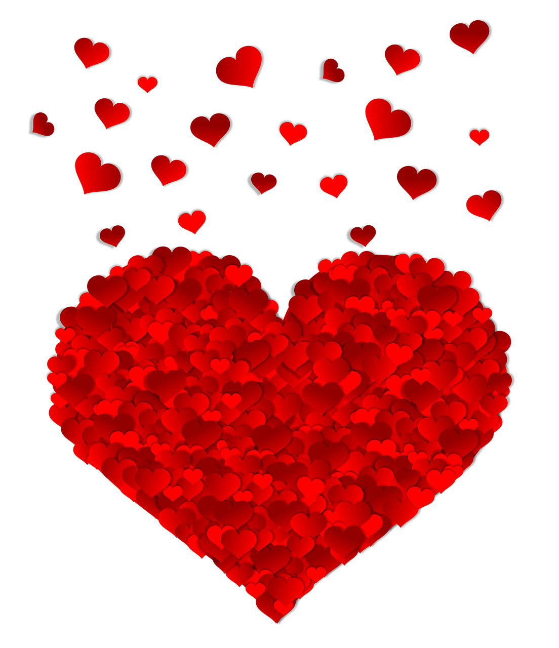a large red heart surrounded by smaller red hearts, a digital rendering, digital art, on a flat color black background, viewed in profile from far away, falling hearts, high res photo