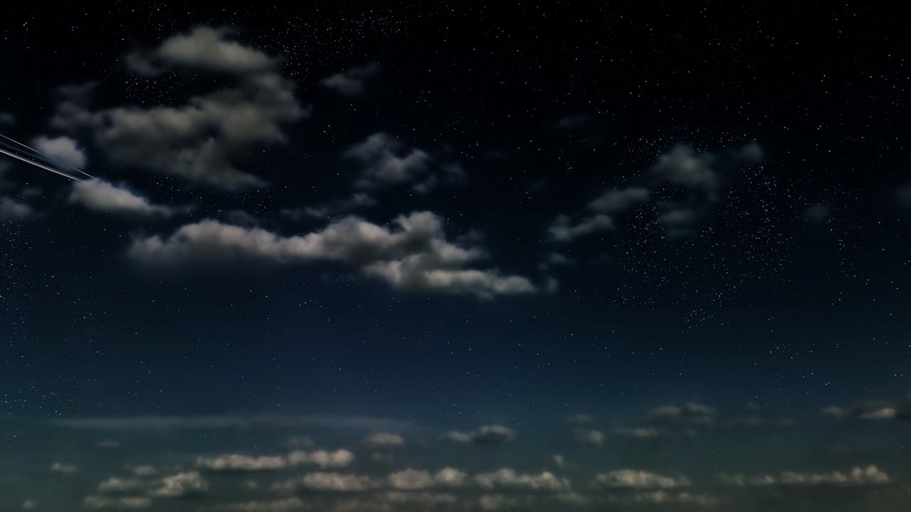 a plane is flying through the night sky, digital art, ultrawide cinematic 3d render, partly cloudy sky, beauttiful stars, vertical wallpaper