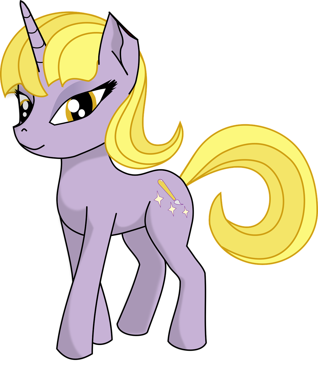 a close up of a cartoon pony on a black background, vector art, inspired by Luma Rouge, trending on deviantart, purple and gold color scheme, blonde hair and large eyes, silver eyes full body, star