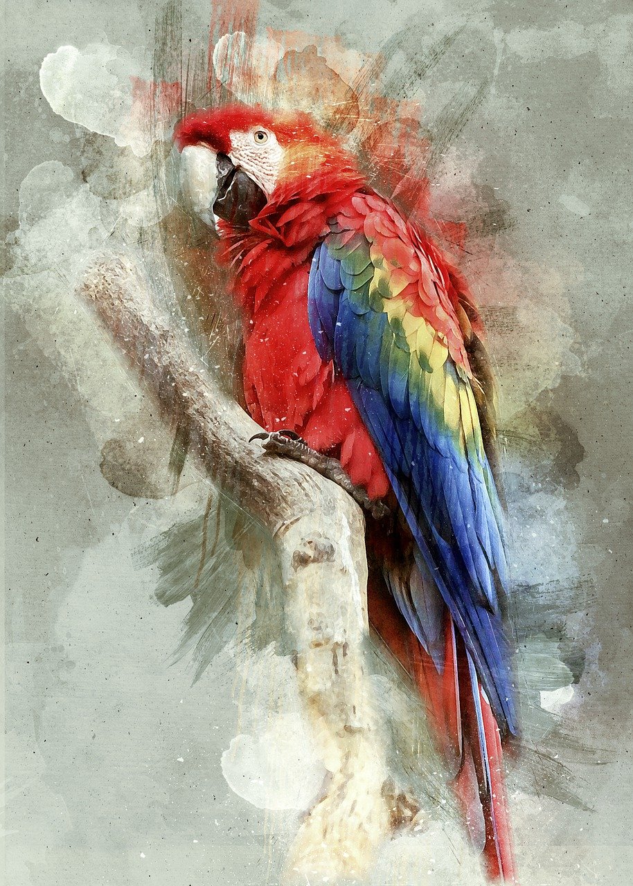 a colorful parrot sitting on top of a tree branch, a digital painting, trending on pixabay, fine art, great red feather, painterly texture, leaning towards watercolor, color vintage