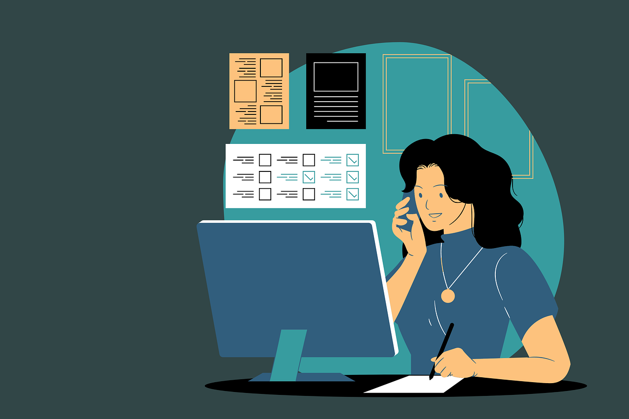 a woman sitting at a desk in front of a computer, an illustration of, shutterstock, girl making a phone call, vector technical documents, on a flat color black background, concept illustration