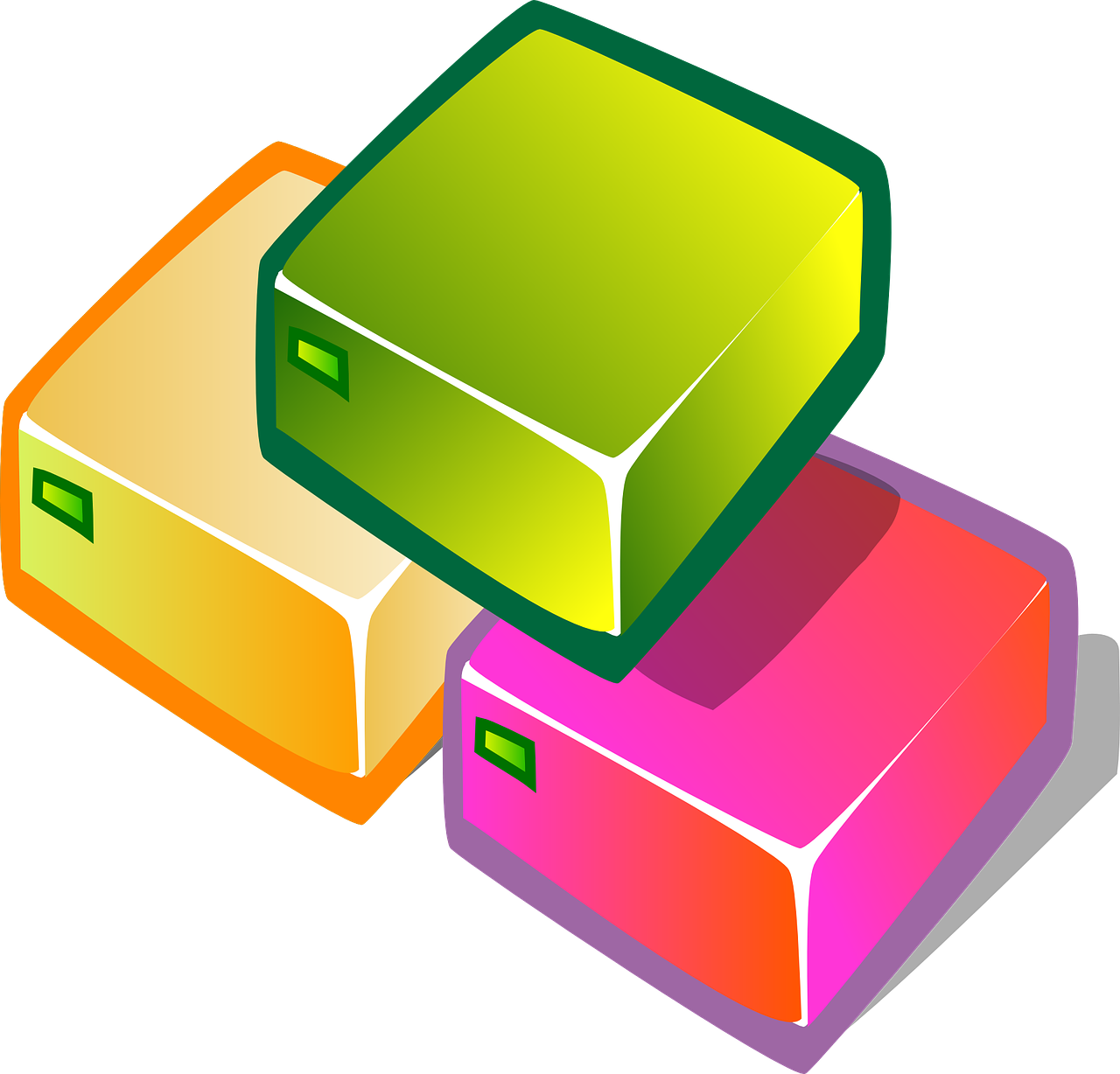 three different colored boxes stacked on top of each other, a screenshot, by Randy Post, computer art, hdd, clipart icon, mango, colorful”