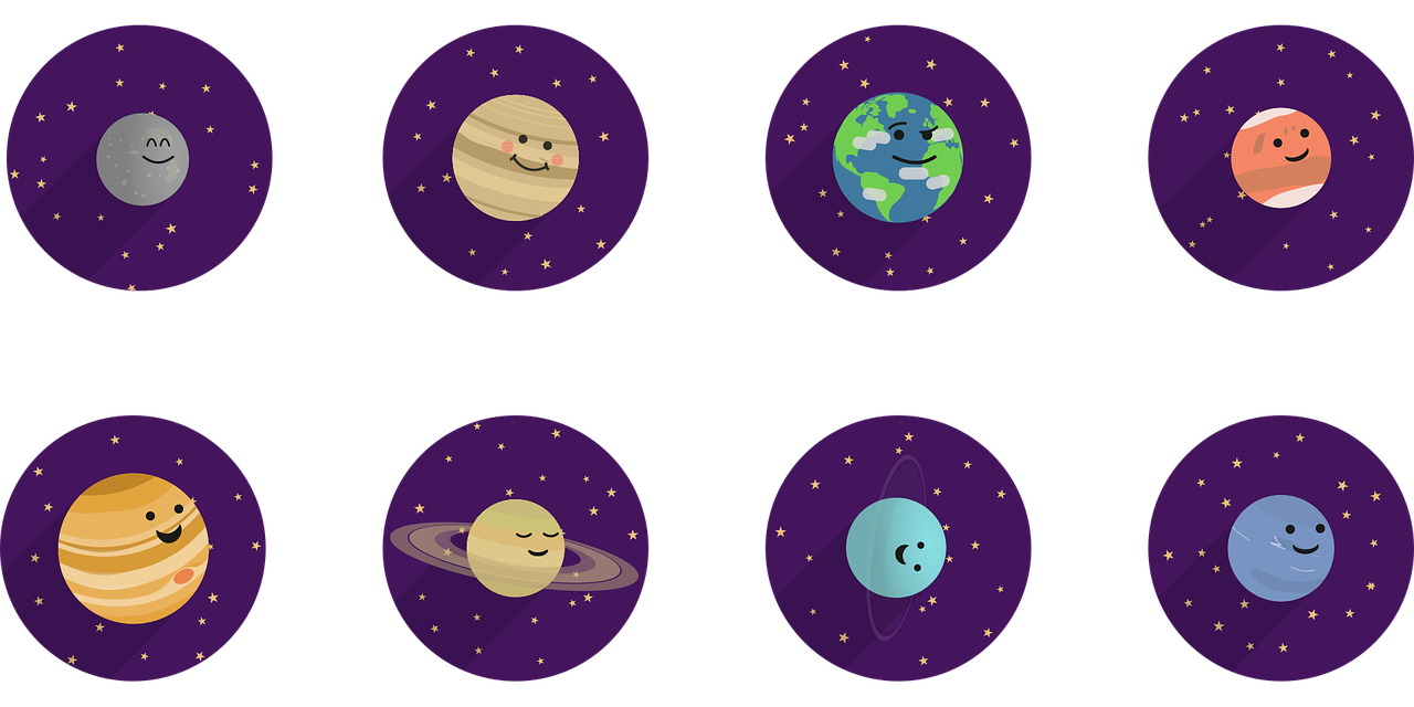 a set of nine cartoon planets with faces, concept art, by Justin Sweet, space art, on a flat color black background, circular windows, star charts, representing the 4 seasons