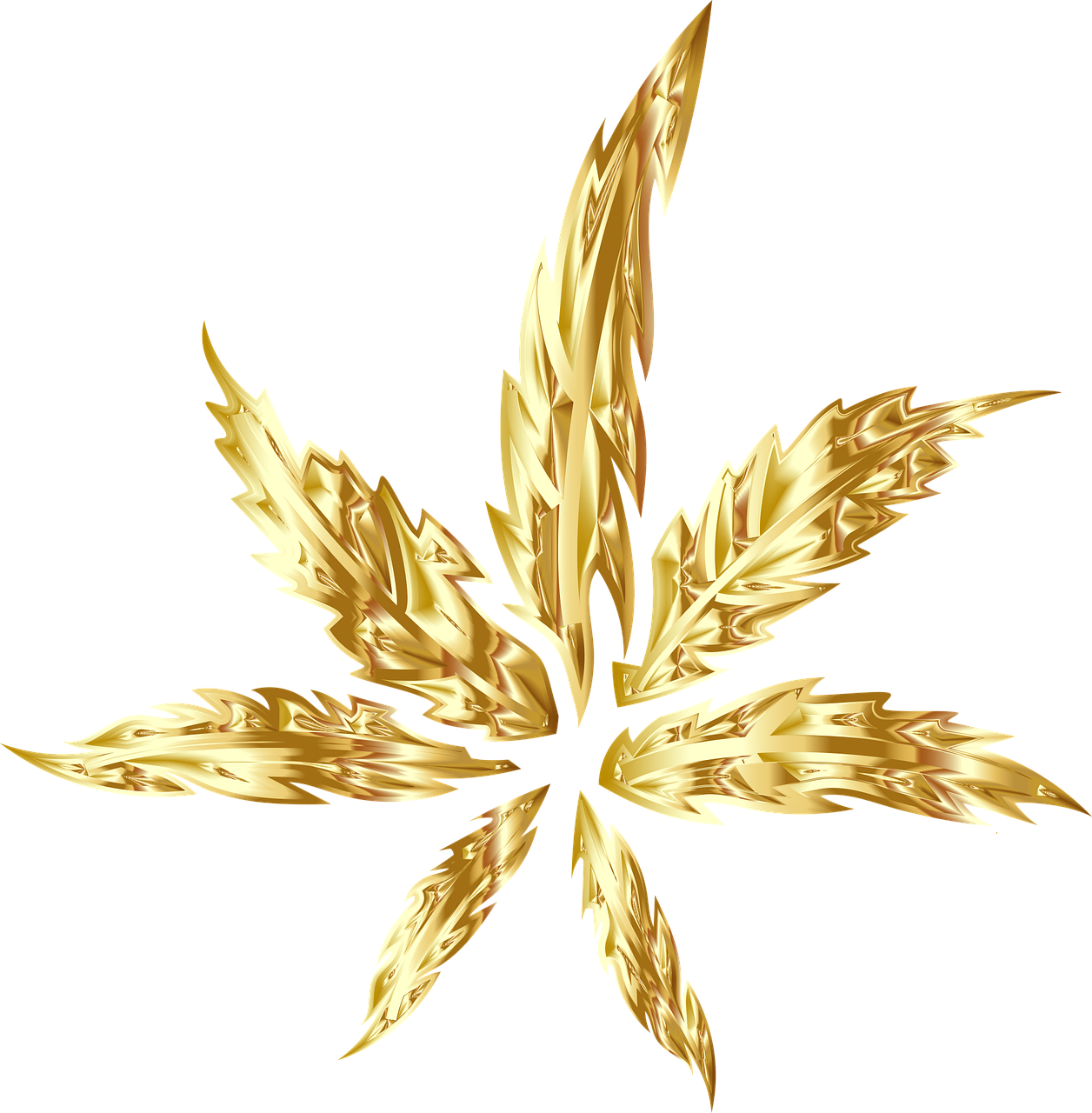 a gold marijuana leaf on a black background, inspired by Rodney Joseph Burn, deviantart, hurufiyya, ornate spikes, spaghettification, sharp high detail illustration, spears