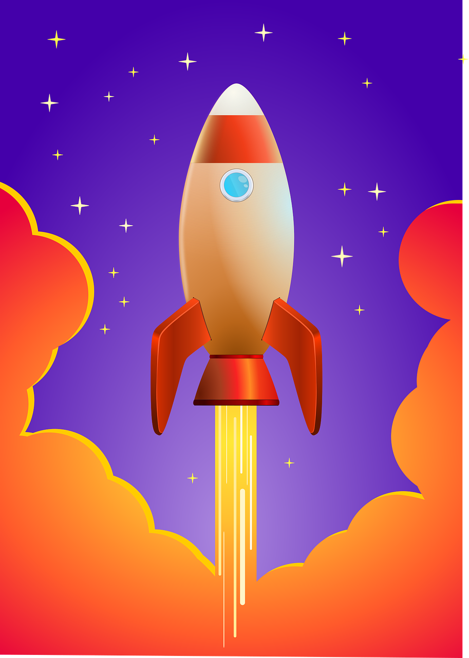 a red and white rocket flying through the sky, an illustration of, shutterstock, multicolored vector art, hyper detail illustration, cartoon style illustration, gold