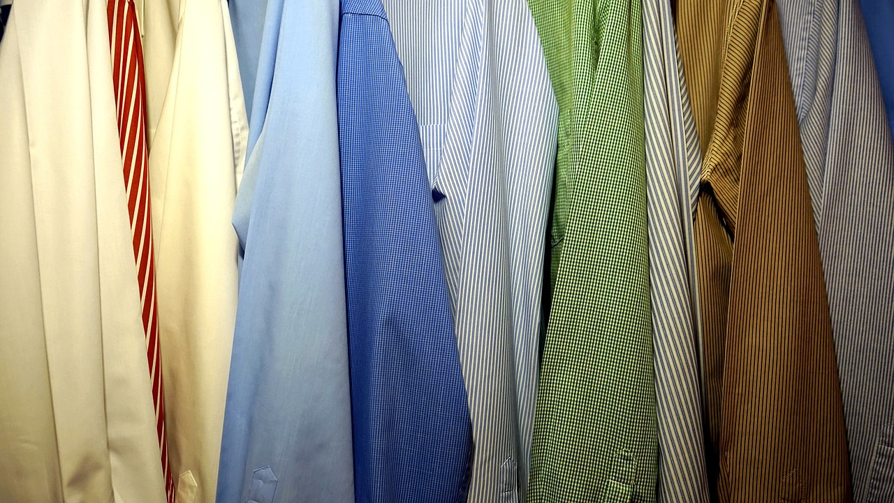 a row of men's shirts hanging on a rack, by Andrei Kolkoutine, flickr, greens and blues, wearing a light shirt, clothes made out of veins, full colour