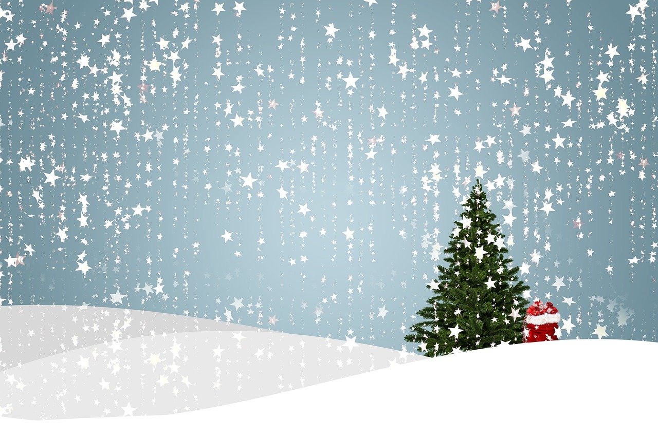 a snowy scene with a christmas tree and snowflakes, star rain, basic background, santa, distant photo